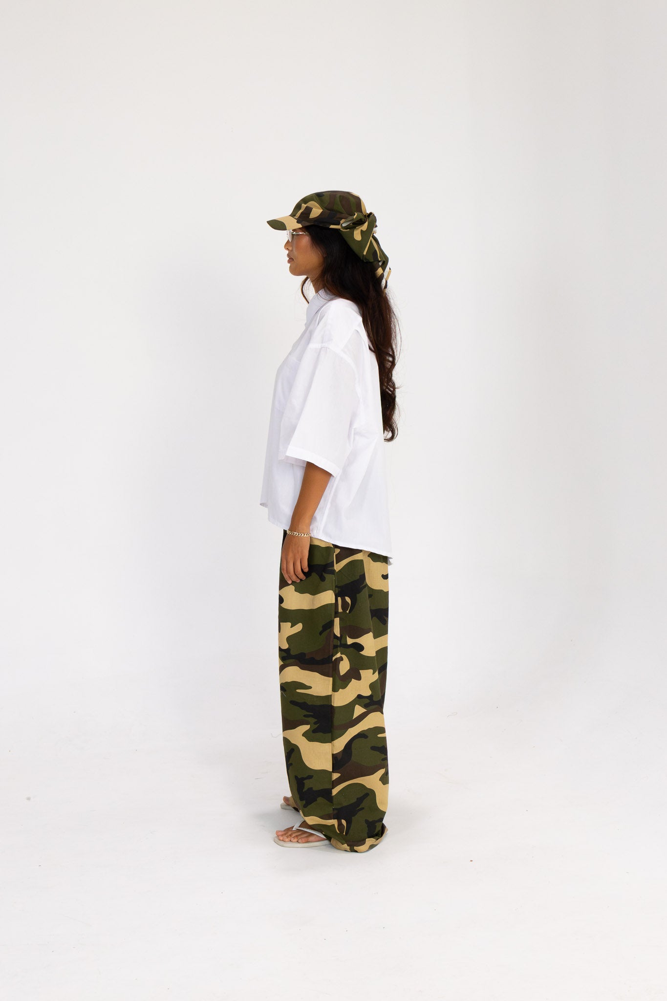 DACY camo tie hat and wide leg pants styled together streetwear look