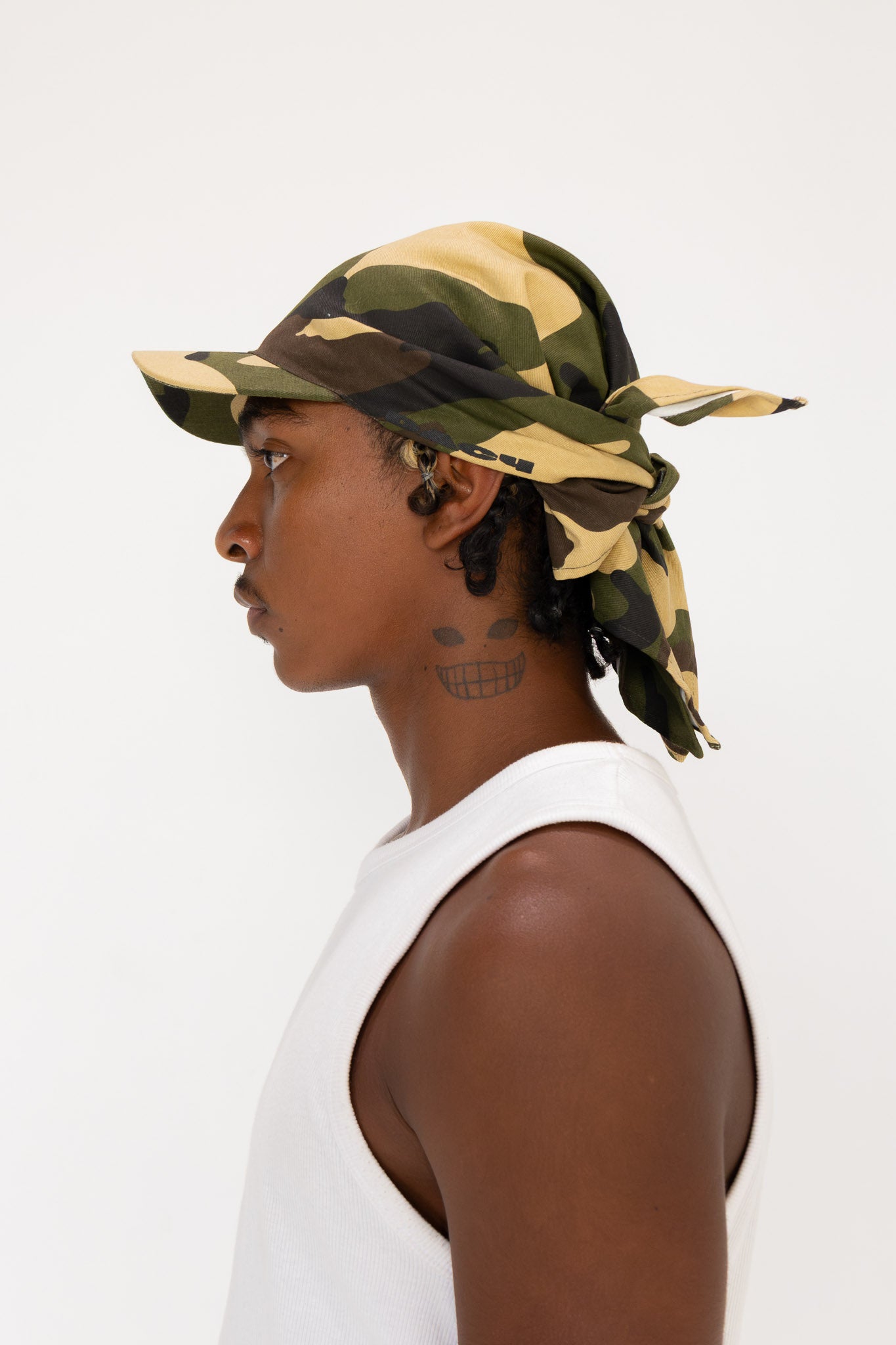Camo tie hat with long straps streetwear cap